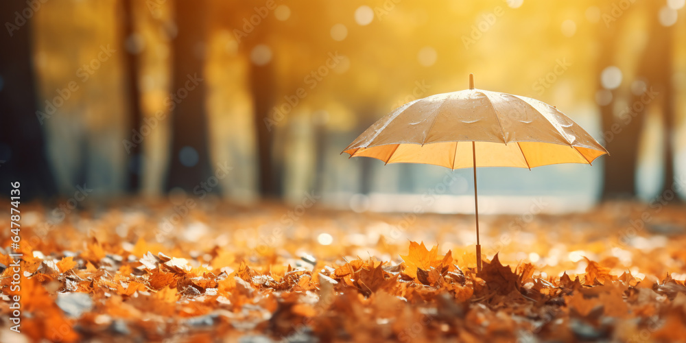 Beautiful autumn background landscape. Golden fallen leaves and a decorative umbrella in the foreground. Generative Ai