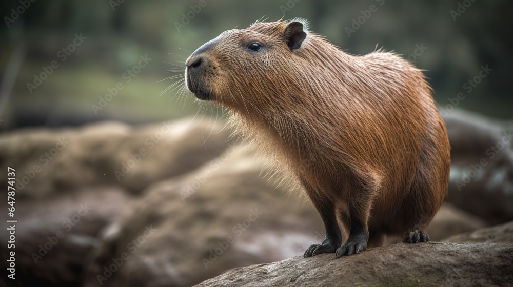 Capybara Standing Confidently on a Rock, Surveying its Surroundings in the Wild Capybara Standing Confidently on a Rock, Surveying its Surroundings in the Wild
