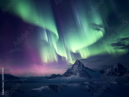 Northern lights in the night sky, mountain and snow, beautiful night with stars, aurora borealis, aurora polaris, polar lights, stars, norway, iceland, greenland © GrafitiRex