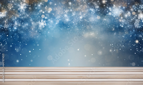 Wooden pedestal with empty space for goods. Winter Christmas background with falling flakes. digital AI
