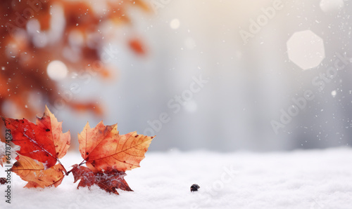 Autumn leaves with snowy landscape and open space. Empty space for text. Generative Ai
