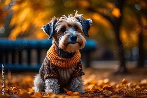 Cute small dog in sweater in autumn park © Galina