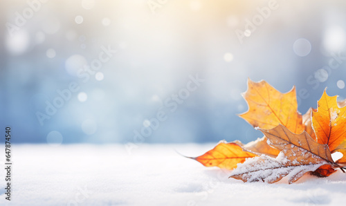 Autumn postcard with snowy background and yellow leaves in the foreground. Greeting cards. digital AI