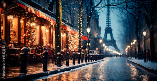 Night snowy Christmas Paris, New Year holiday, blurred background - AI generated image