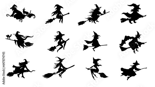 Fotografiet Black silhouettes of witch flying with the broom without background for Halloween