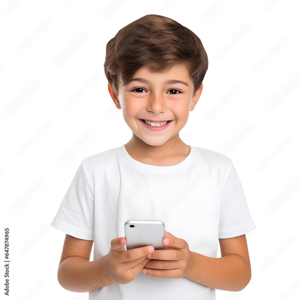 Smiling Kid using smartphone isolated on transparent background, AI Smiling Kid using smartphone isolated on transparent background, AI