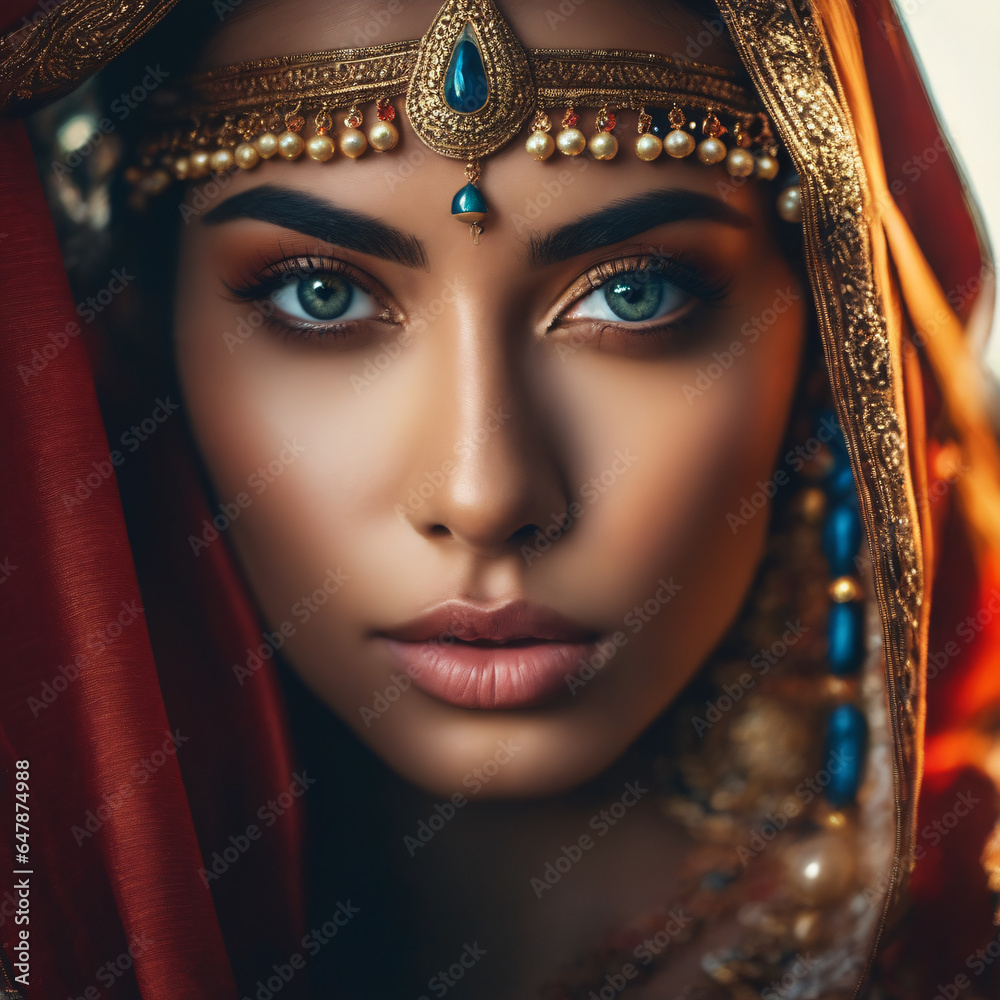 Portrait of a beautiful young woman with shimmering make-up with veil Portrait of a beautiful young woman with shimmering make-up with veil