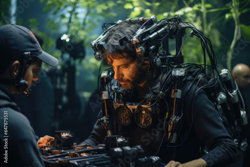 A film crew utilizing advanced motion-capture technology, enabling realistic CGI characters. Generative Ai. © Sebastian