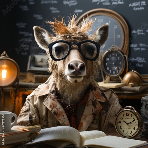 Cute Elk wearing sunglasses and party cap looks through a hole in white paper and shows alarm clock