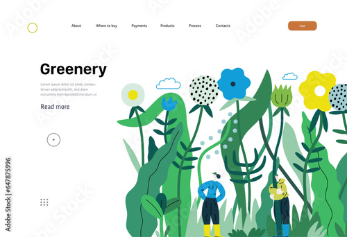 Greenery, ecology -modern flat vector concept illustration of tiny people in the grass, surrounded by plants and flowers. Metaphor of environmental sustainability and protection, closeness to nature