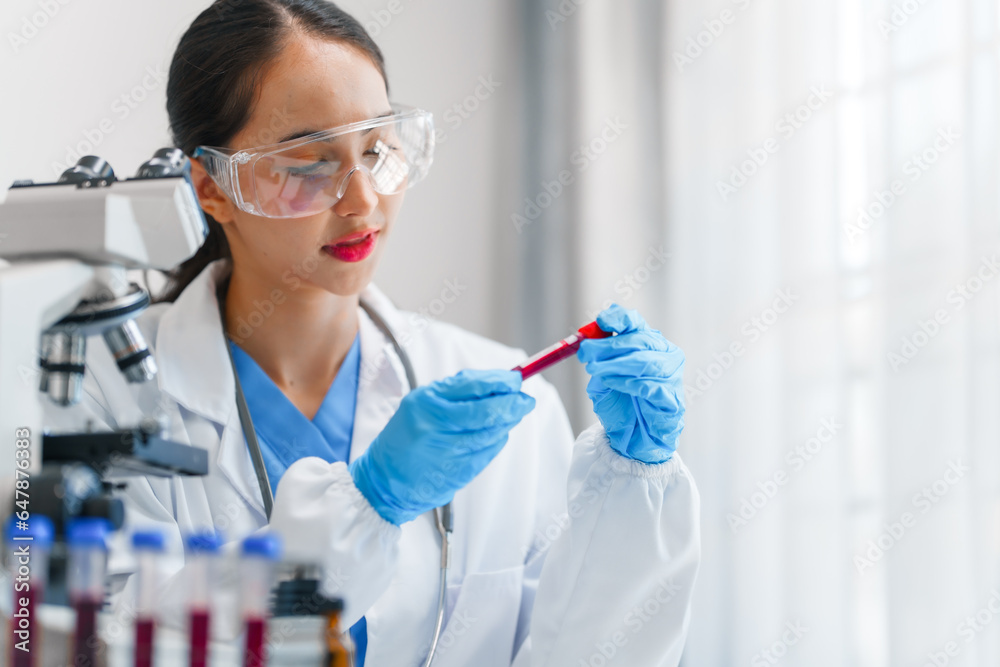 Young scientists pioneering medical discoveries in lab, with one scientist employing microscope for invaluable insights, blood lab test, virus vaccine invent, asian indian people Young scientists pioneering medical discoveries in lab, with one scientist employing microscope for invaluable insights, blood lab test, virus vaccine invent, asian indian people