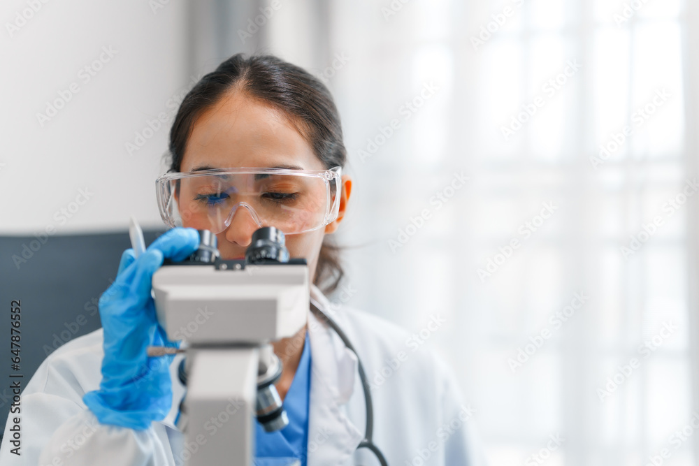 Young scientists pioneering medical discoveries in lab, with one scientist employing microscope for invaluable insights, blood lab test, virus vaccine invent, asian indian people