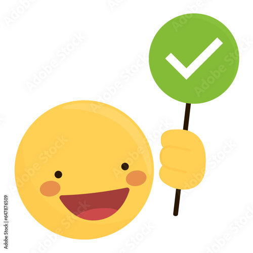 A smiling emoji with a hand holding a green sign with a checkmark, symbolizing do, good, approved, and excellent, signifying positive and correct. Green tick icon in circle. Png and Editable vector