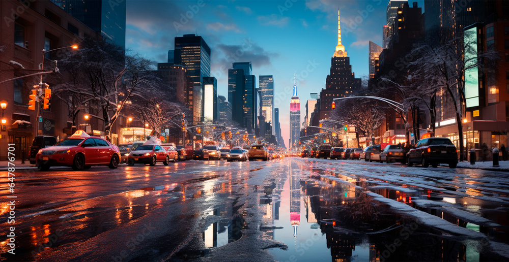Night snowy Christmas American city New York, Manhattan area, New Year, blurred background - AI generated image - obrazy, fototapety, plakaty 