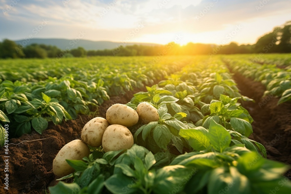 Agricultural scene of lush potato crops in a European organic farm, showcasing cultivation, care, and harvest. Generative AI - obrazy, fototapety, plakaty 