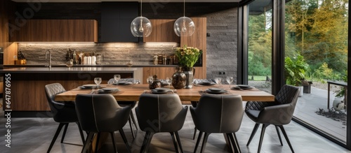Interior design of a contemporary dining space with a large table and chairs kitchen located nearby