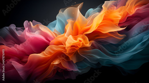 A colorful, swirling stream of orange, blue and red, in the style of smokey photorealistic art