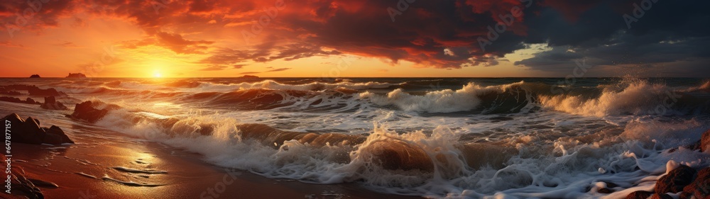 Wild waves, stormy sunset, sunrise, ocean beach, its sands echoing the whispers of ancient tales, while the sky above is set ablaze by the sun's passionate embrace. 