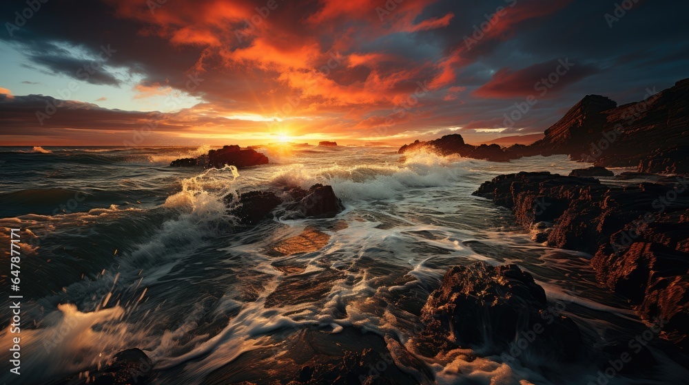 Wild waves, stormy sunset, sunrise, ocean beach during a tempestuous sunset, where the sky, heavy with storm clouds, threatens with impending fury. Below, the sea churns with restless waves. - obrazy, fototapety, plakaty 