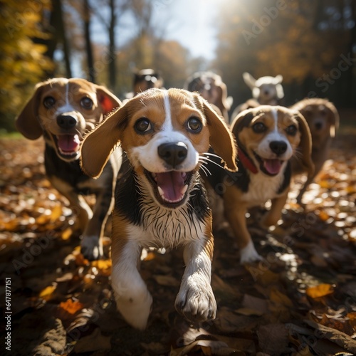Cute funny Beagle group running and playing on green grass in autum © Mstluna