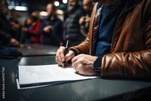 A close-up of a person's hand signing a petition to advocate for a specific human rights cause. Generative Ai.