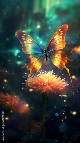 Mystical Metamorphosis: Luminous Butterfly Resting on Flower in Enchanted Forest