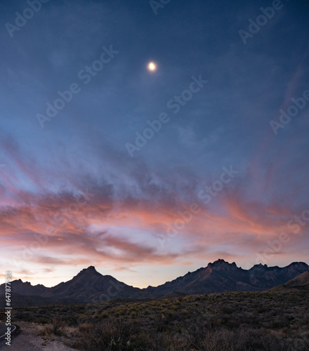 Foggy Moon Over Chisos Mountains at Sunrise