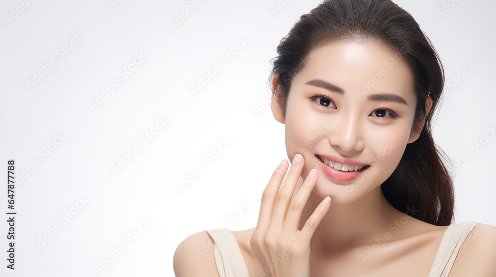 Beautiful young Asian woman in cosmetology, face care, facial treatment, and fresh skin on a white background Beautiful young Asian woman in cosmetology, face care, facial treatment, and fresh skin on a white background