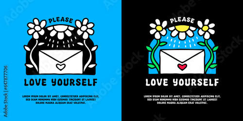 Love letter and sunflowers with love yourself, illustration for logo, t-shirt, sticker, or apparel merchandise. With doodle, retro, groovy, and cartoon style.