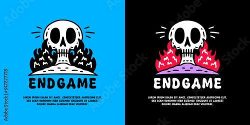 Flaming skull head with endgame typography, illustration for logo, t-shirt, sticker, or apparel merchandise. With doodle, retro, groovy, and cartoon style.