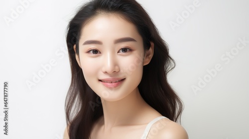 Beautiful young Asian woman in cosmetology, face care, facial treatment, and fresh skin on a white background