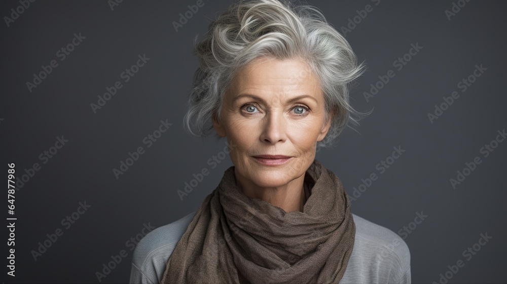 Smiling woman with long blonde hair in a studio portrait