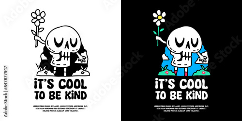 Cute skull character holding sunflower with it's cool to be kind typography, illustration for logo, t-shirt, sticker, or apparel merchandise. With doodle, retro, groovy, and cartoon style.