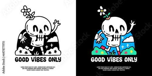 Cute skull character running in the park with good vibes only typography, illustration for logo, t-shirt, sticker, or apparel merchandise. With doodle, retro, groovy, and cartoon style.