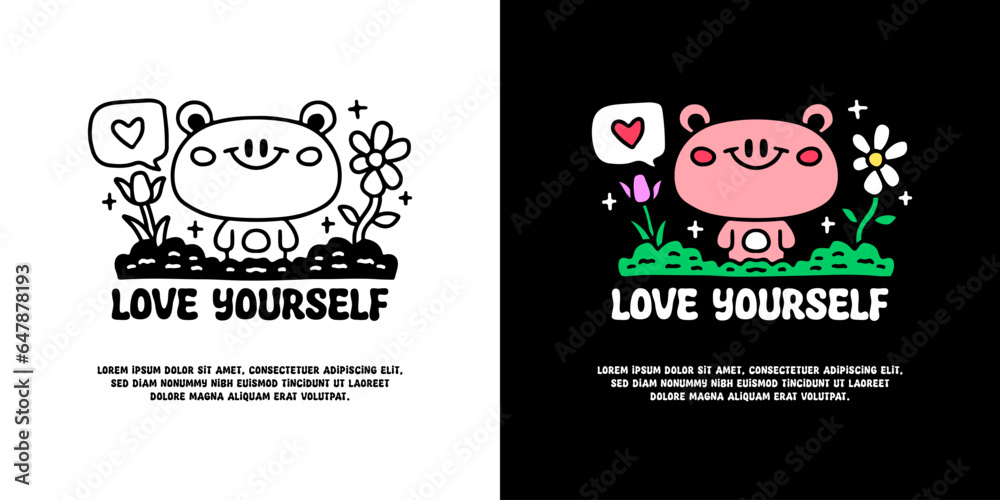 Lovely little bear in the park with love yourself typography, illustration for logo, t-shirt, sticker, or apparel merchandise. With doodle, retro, groovy, and cartoon style.
