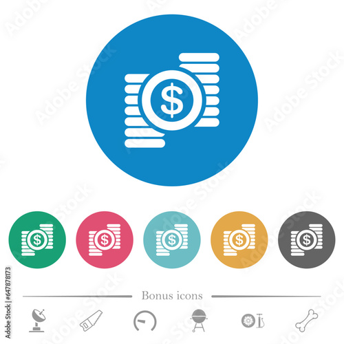 Dollar coins flat round icons