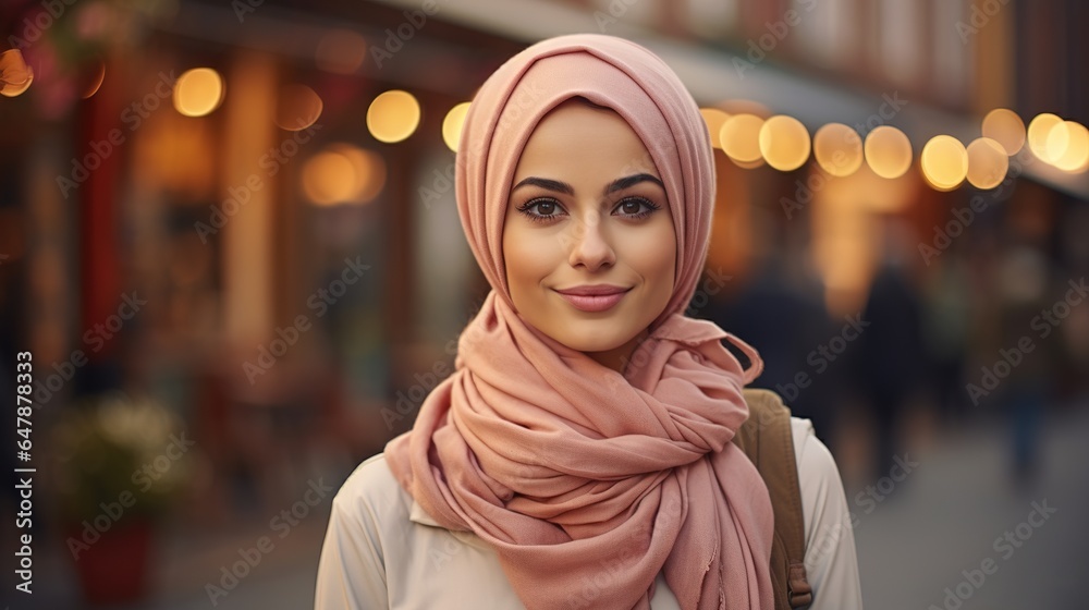 Portrait of muslim woman in hijab smiling and looking at camera Portrait of muslim woman in hijab smiling and looking at camera