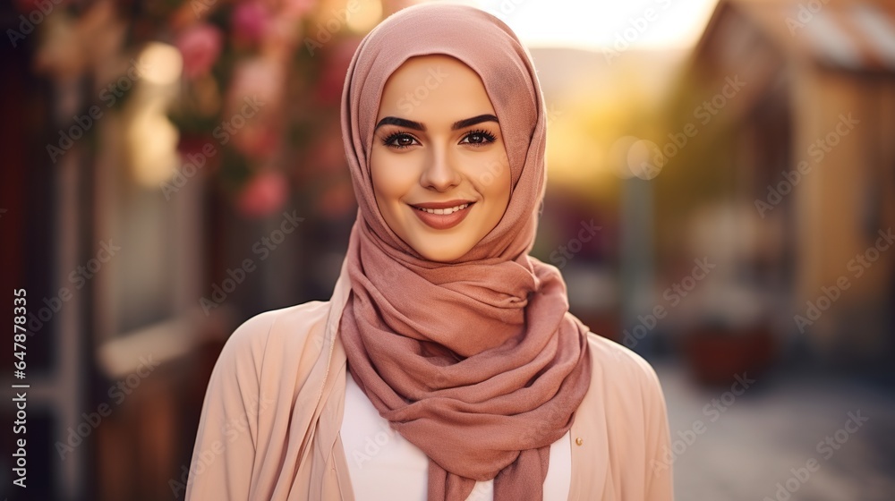 Portrait of muslim woman in hijab smiling and looking at camera Portrait of muslim woman in hijab smiling and looking at camera