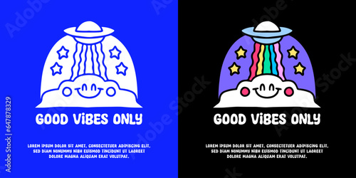 Spaceship, rainbow, and cloud with good vibes only typography, illustration for logo, t-shirt, sticker, or apparel merchandise. With doodle, retro, groovy, and cartoon style.