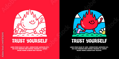 Cute fire mascot running in the park with trust yourself typography, illustration for logo, t-shirt, sticker, or apparel merchandise. With doodle, retro, groovy, and cartoon style.