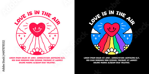 Cute love mascot and groovy rainbow with love is in the air typography, illustration for logo, t-shirt, sticker, or apparel merchandise. With doodle, retro, groovy, and cartoon style.
