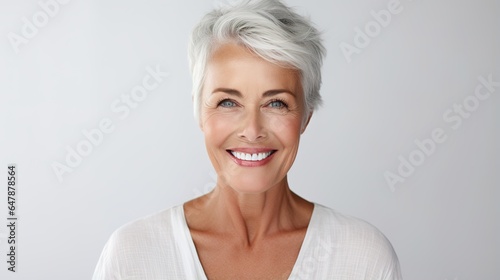 Skincare, face beauty, and a mature woman with a smile for facial wellness on a white mockup studio background.