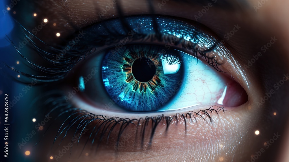 Close-up of a woman and an eye with vision, staring, and a biometric test. Zoom, and model with vision, blue eye woman