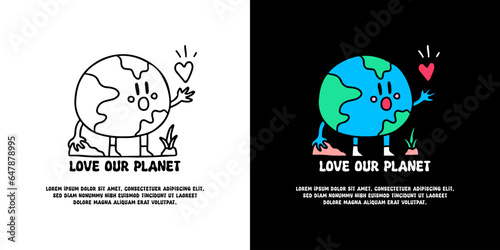 Cute earth planet mascot holding love symbol with love our earth typography, illustration for logo, t-shirt, sticker, or apparel merchandise. With doodle, retro, groovy, and cartoon style.