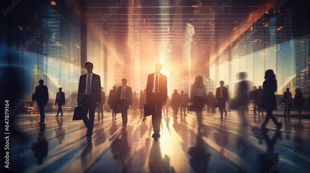 business people walking in the modern corridor office building and sun light