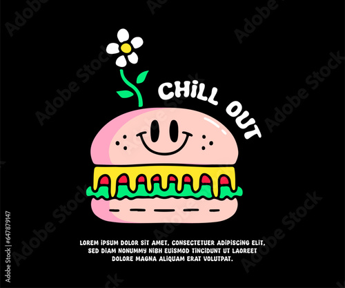 Funny burger and tiny sunflower with chill out text, illustration for logo, t-shirt, sticker, or apparel merchandise. With doodle, retro, groovy, and cartoon style.