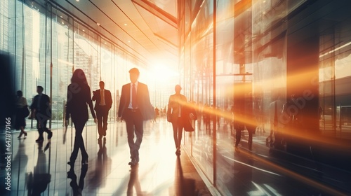 business people walking in the modern corridor office building and sun light