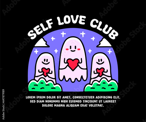 Cute ghost and friends holding heart symbol with self love club typography, illustration for logo, t-shirt, sticker, or apparel merchandise. With doodle, retro, groovy, and cartoon style.