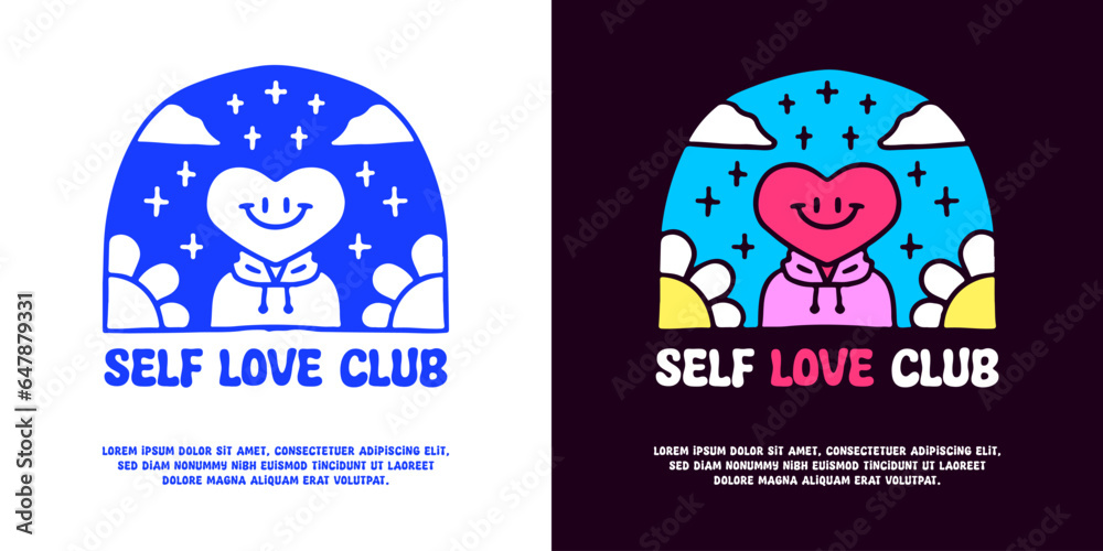 Lovely character with self love club typography, illustration for logo, t-shirt, sticker, or apparel merchandise. With doodle, retro, groovy, and cartoon style.