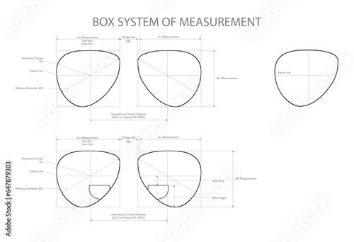 Set of Box System of Measurement of lens glasses Eye frame fashion accessory technical illustration. Sunglass style, flat spectacles eyeglasses sketch style outline isolated on white background